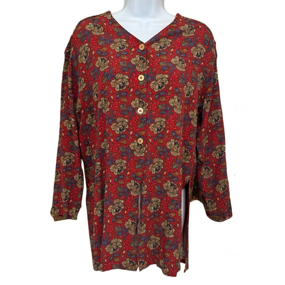 Vintage 90s Lizsport Floral Paisley Print Rayon Button Front Tunic Top L
